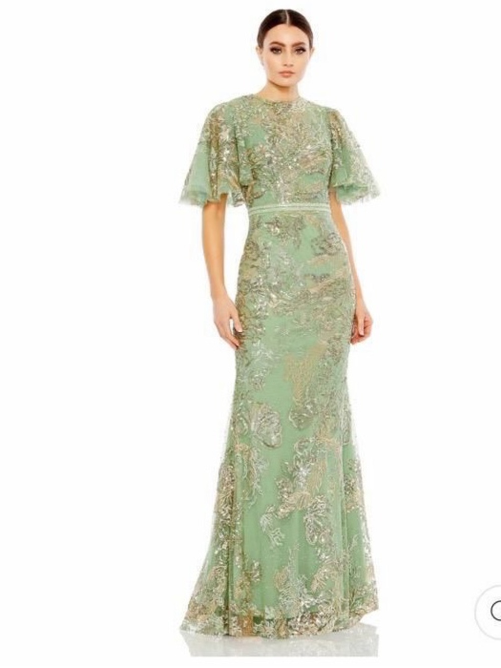 Mac Duggal Sage Green Embellished Flutter Sleeve Gown